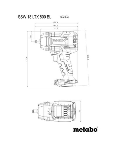 Гайковерт Metabo SSSW 18 LTX 800 BL, 18В, 1200Нм, М24, 0-2575об/хв (без АКБ та ЗП) (602403850)