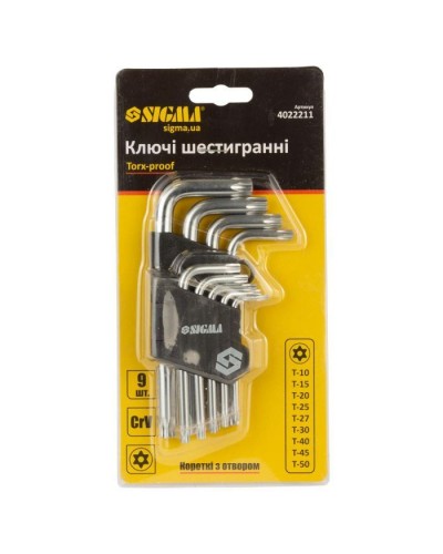 Ключ Sigma набір TORX 9шт T10-T50 CrV, короткі з отвором (4022211)