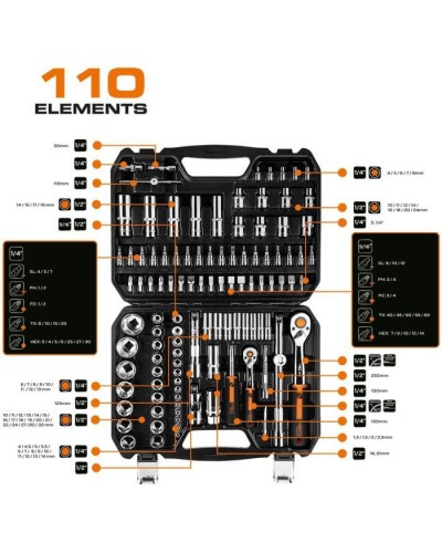 Набір інструментів Neo Tools 110шт, 1/2", 1/4", CrV, кейс (10-066)