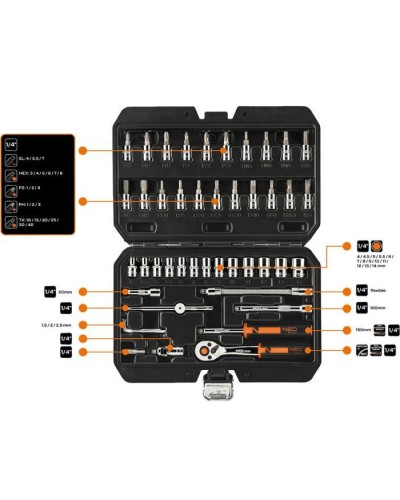 Набір інструментів Neo Tools 46шт, 1/4", CrV, кейс (10-004)