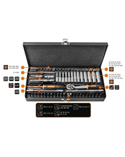 Набір інструментів Neo Tools 63шт, 1/4", CrV, металевий кейс (10-008)