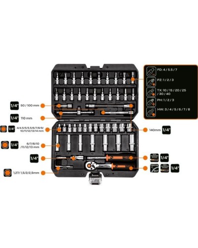 Набір інструментів Neo Tools 73шт, 1/2", 1/4", CrV, кейс (10-054)