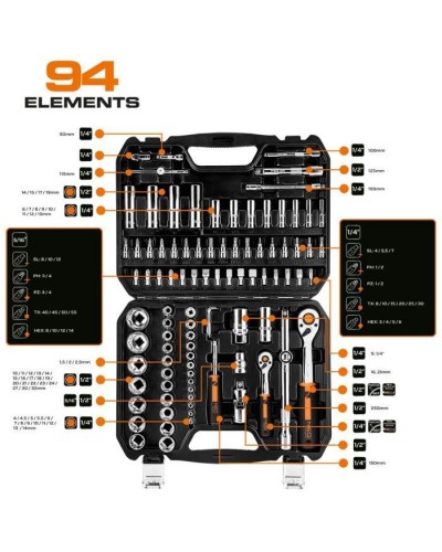 Набір інструментів Neo Tools 94шт, 1/2", 1/4", CrV, кейс (10-062)