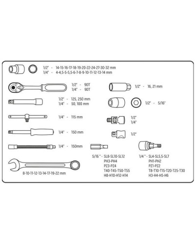 Набір інструментів Neo Tools 82шт, 1/2", 1/4", CrV, eco кейс (10-058)
