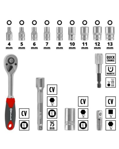 Набір інструментів Einhell біт і головок, 1/4" 4-13мм, 37шт, кейс (109022)