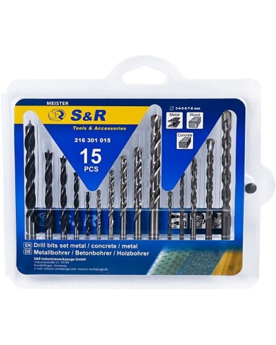 Набір свердл S&R Meister 15шт.:3,4,5,6,8мм мет/дер/бетон (216301015)