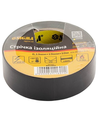 Ізоляційна стрічка Sigma ПВХ чорна 0.13мм*19мм*10м Premium (8411601)