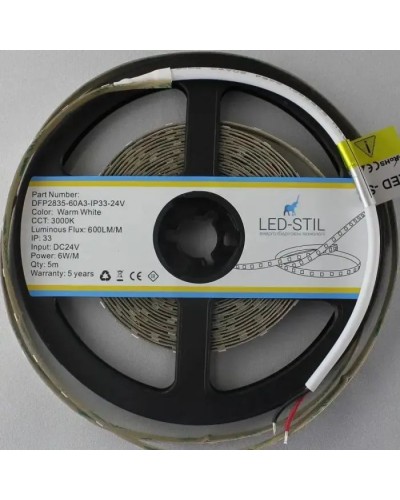 Світлодіодна стрічка LED-STIL 3000K 6 Вт/м 2835 60 діодів IP33 24 Вольта 550 lm (DFP2835-60A3-IP33-24V)