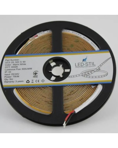 Світлодіодна стрічка LED-STIL 3000K 7 Вт/м COB 320 діодів IP33 24 Вольта 600 lm тепле світло , вузька (UC3-24-320-5-90)